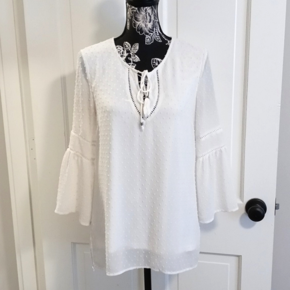 🤍Daniel Rainn🤍 (Anthropologie) - Off-White Bell Sleeve Sheer Lined Boho Top